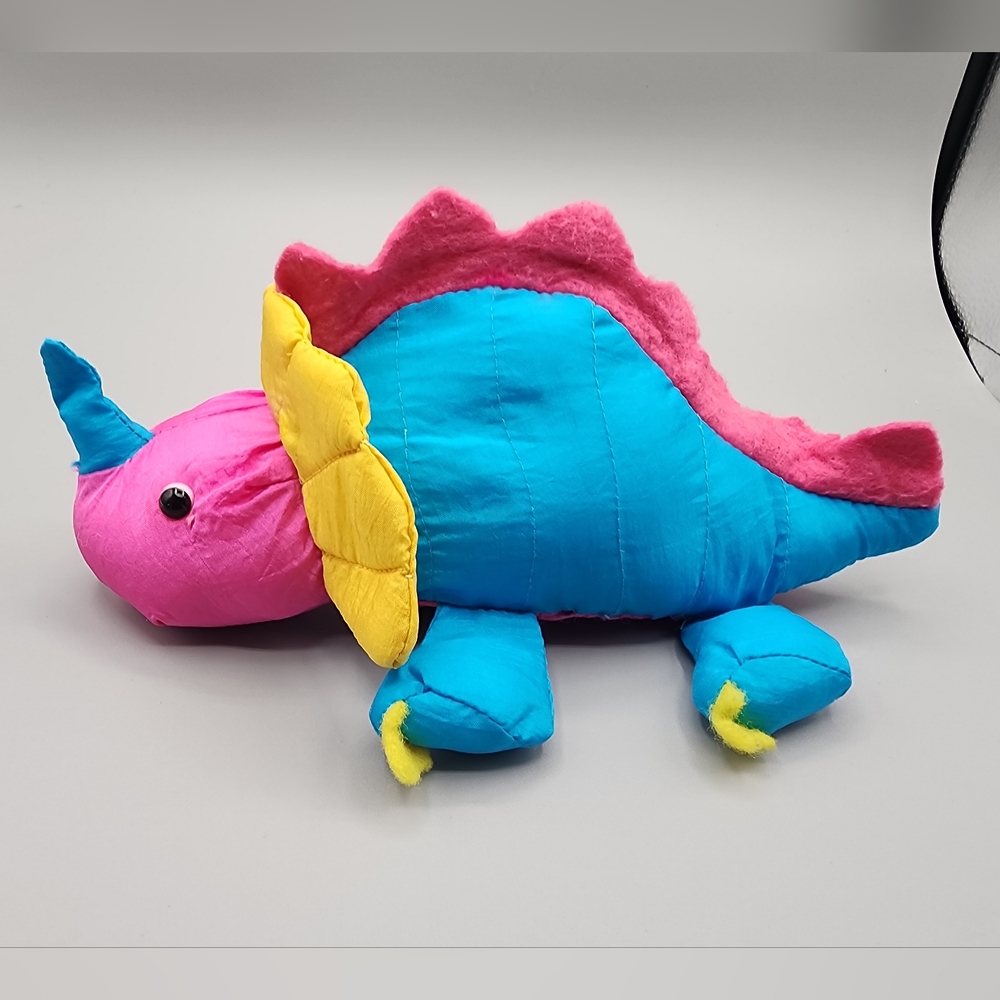 Vintage 90s Nylon Puffalump Style Multicolor Neon Triceratops Dinosaur Plush 8"‎